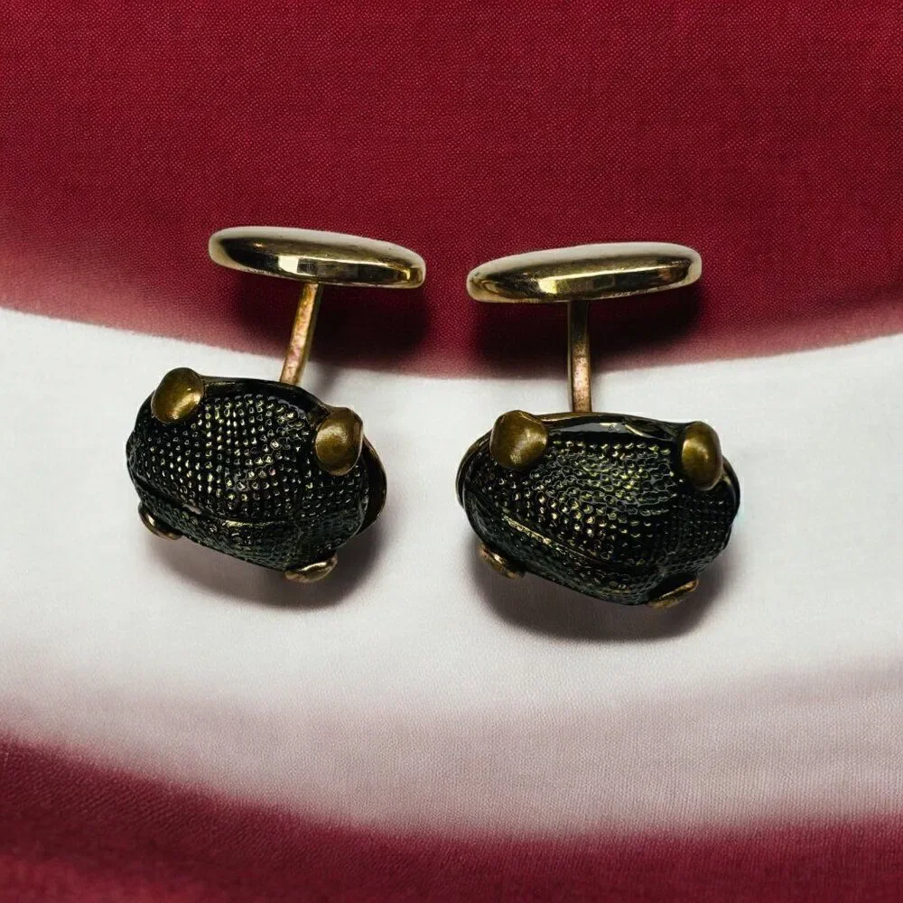 ANTIQUE- 9K Gold -Victorian- Natural Scarab Cufflinks- -6.2g Real Green Beetles